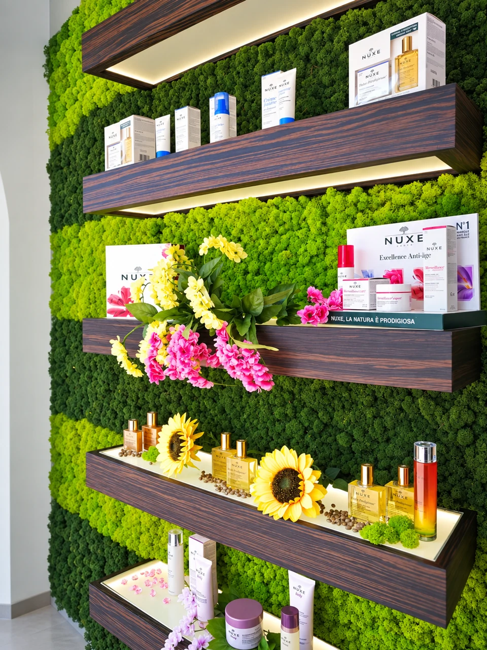 Wooden shelves on a green backdrop with cosmetic products