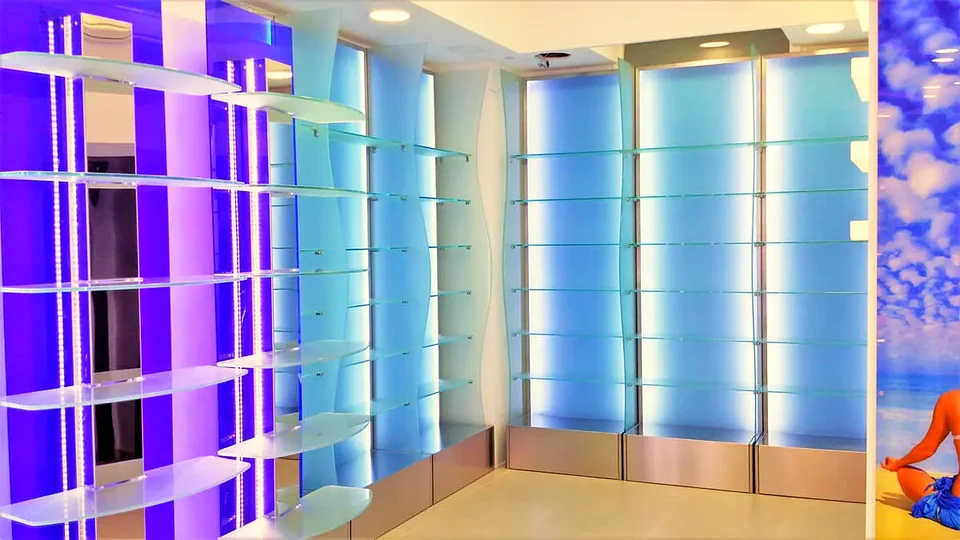 Curved display modules illuminated in blue and violet