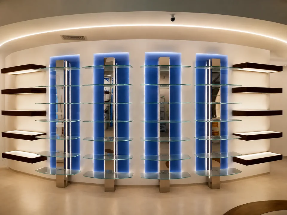 Blue vertical display modules between curved walls