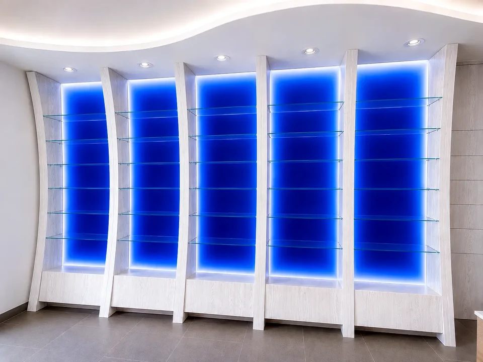 Vertical display modules backlit in blue