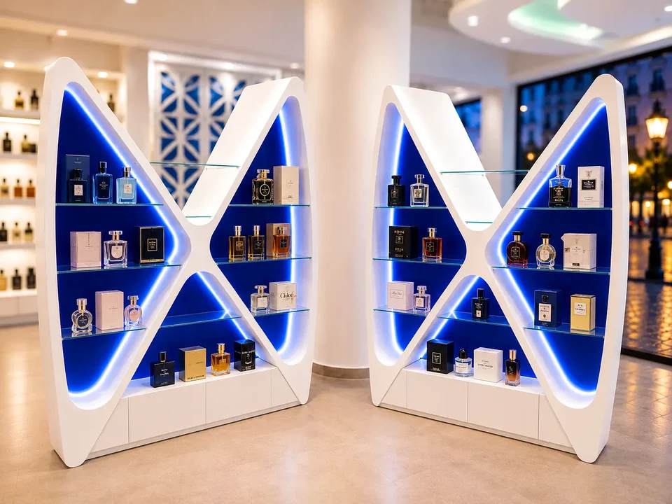Blue display module framed by a diamond-shaped structure