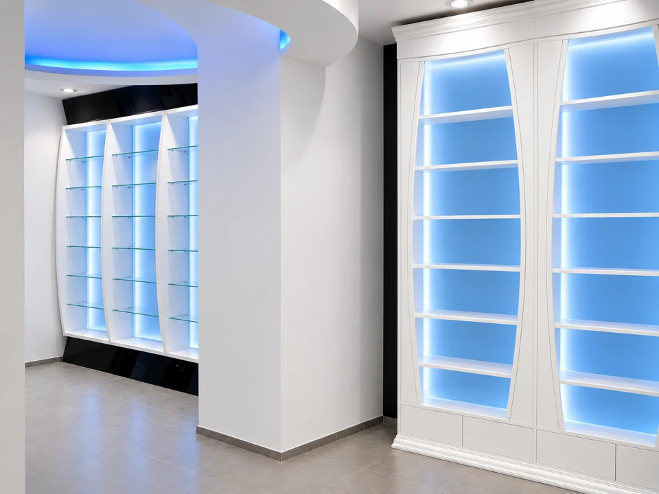 Pale-blue display niches recessed into curved walls
