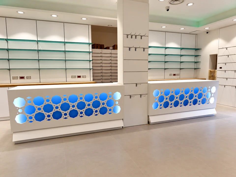 Yellow display niches integrated into curved walls