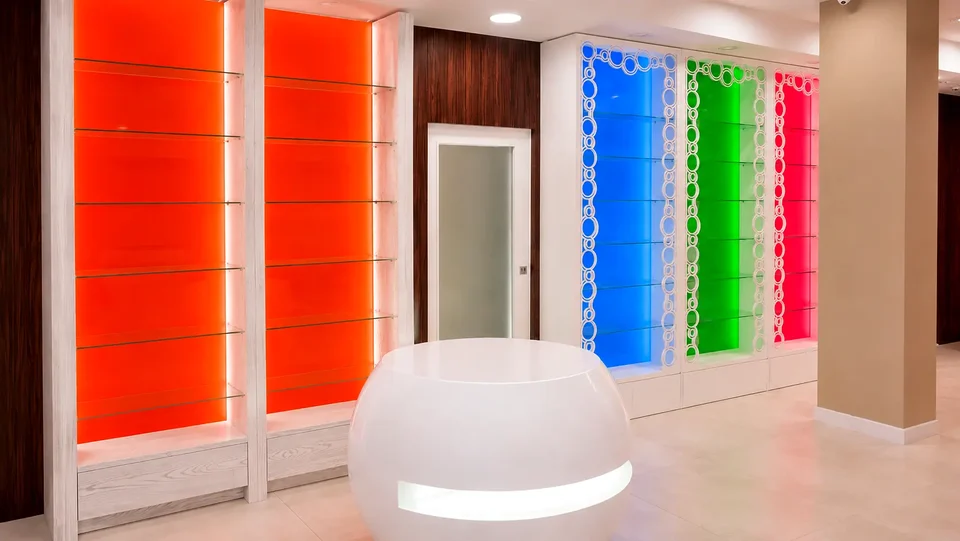 Red, green and pink display niches with central seating