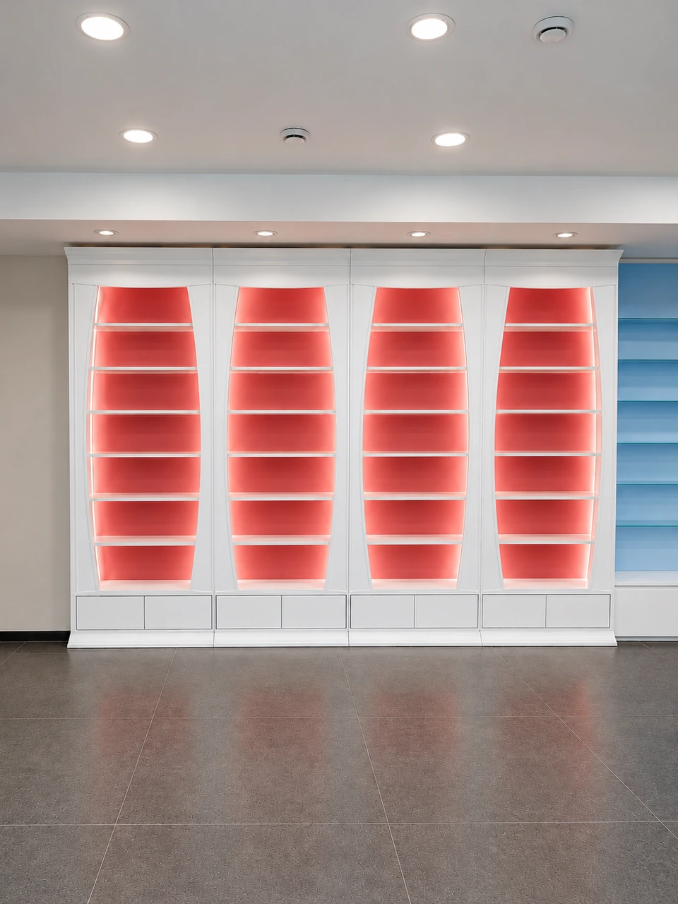 Red display niches, front view