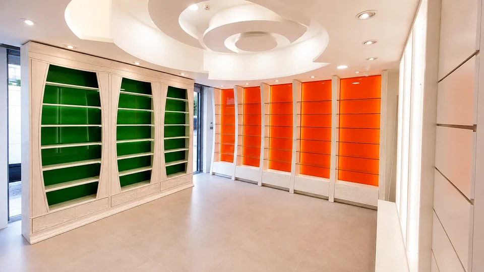 Green and orange niches beneath an organic ceiling