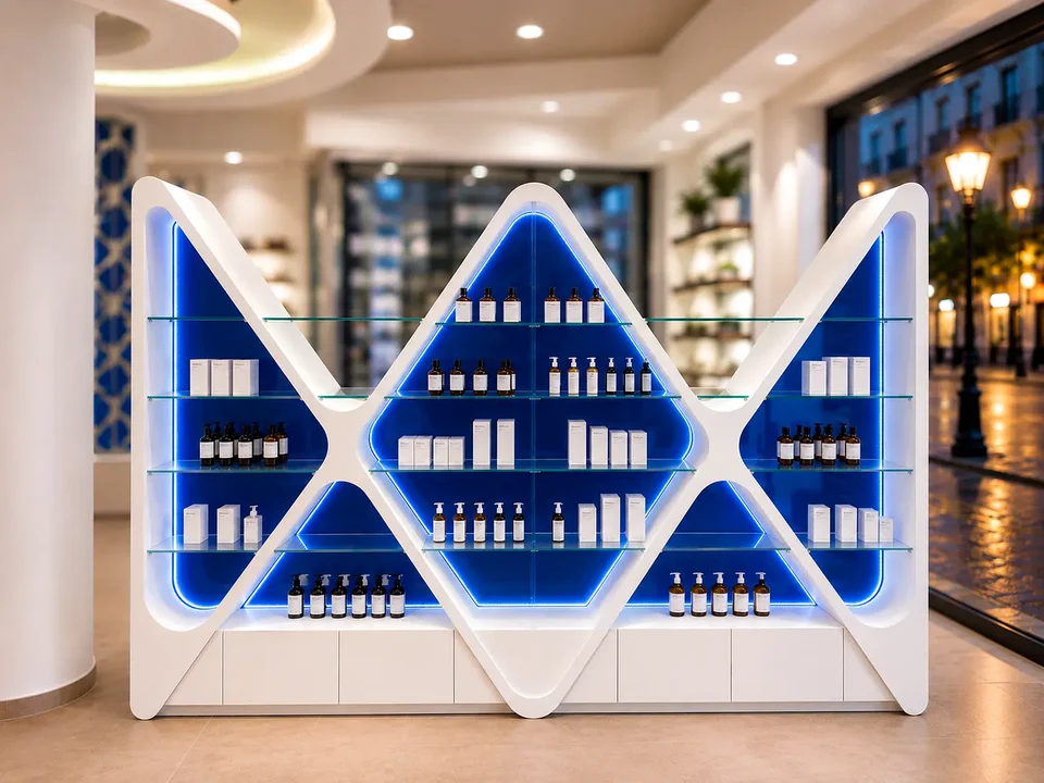Blue fitted wall with white geometric details