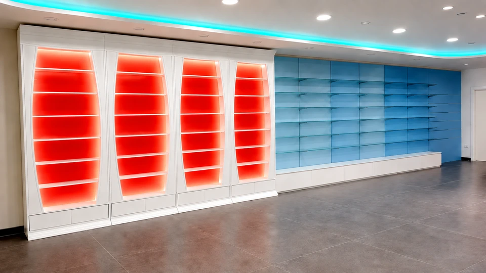 Fitted wall with red and pale-blue niches