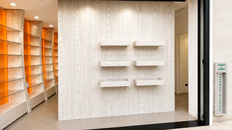 Textured white wall with display shelves