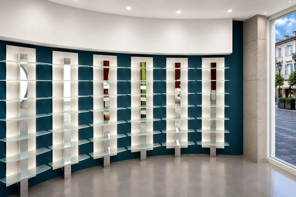Curved wall with satin-glass display modules
