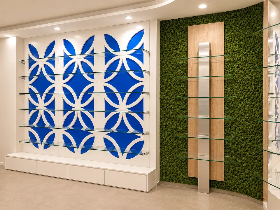 Blue feature wall with floral motif and side niches