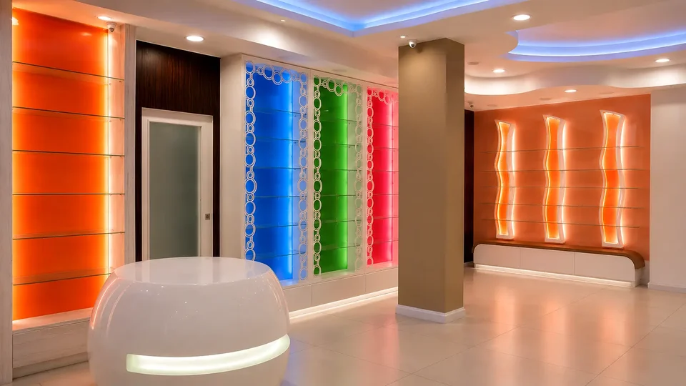 Wall of coloured niches beside the interior entrance