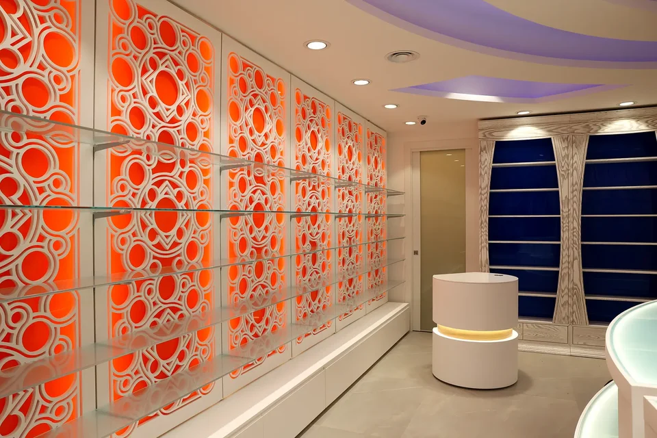Orange partition wall with geometric motif