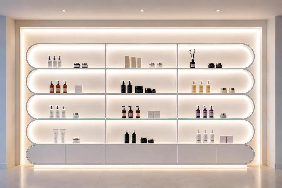 White display wall with illuminated rounded niches