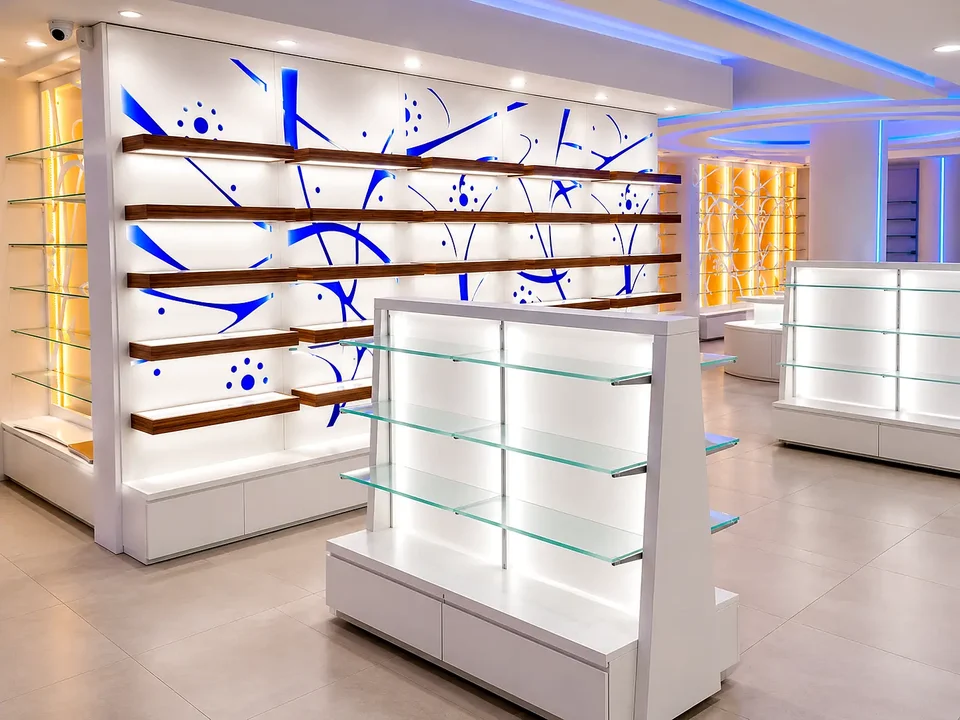 White display wall with decorative branches and blue lighting