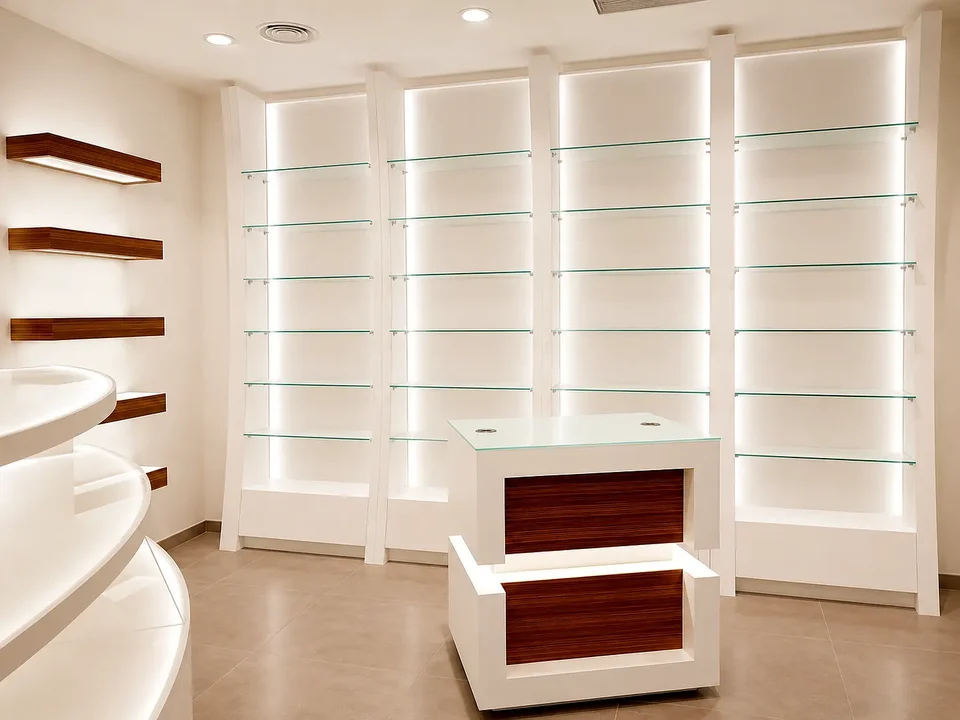 White and timber display wall with central module