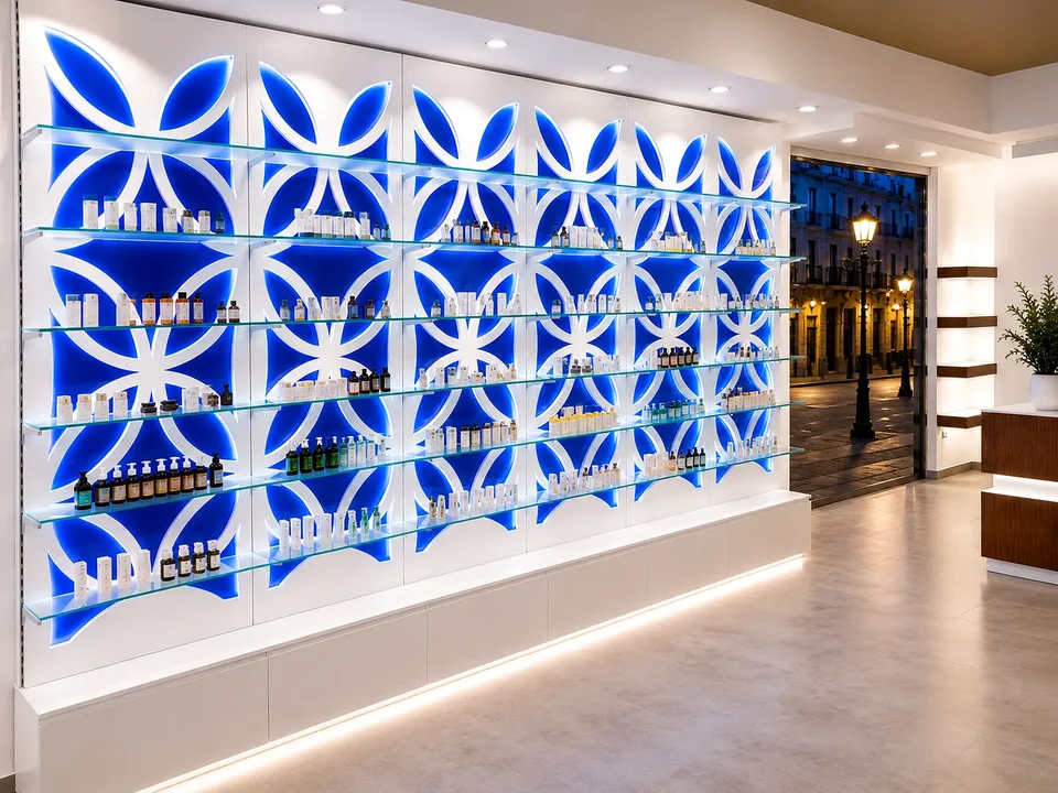 Blue display wall with backlit floral motif