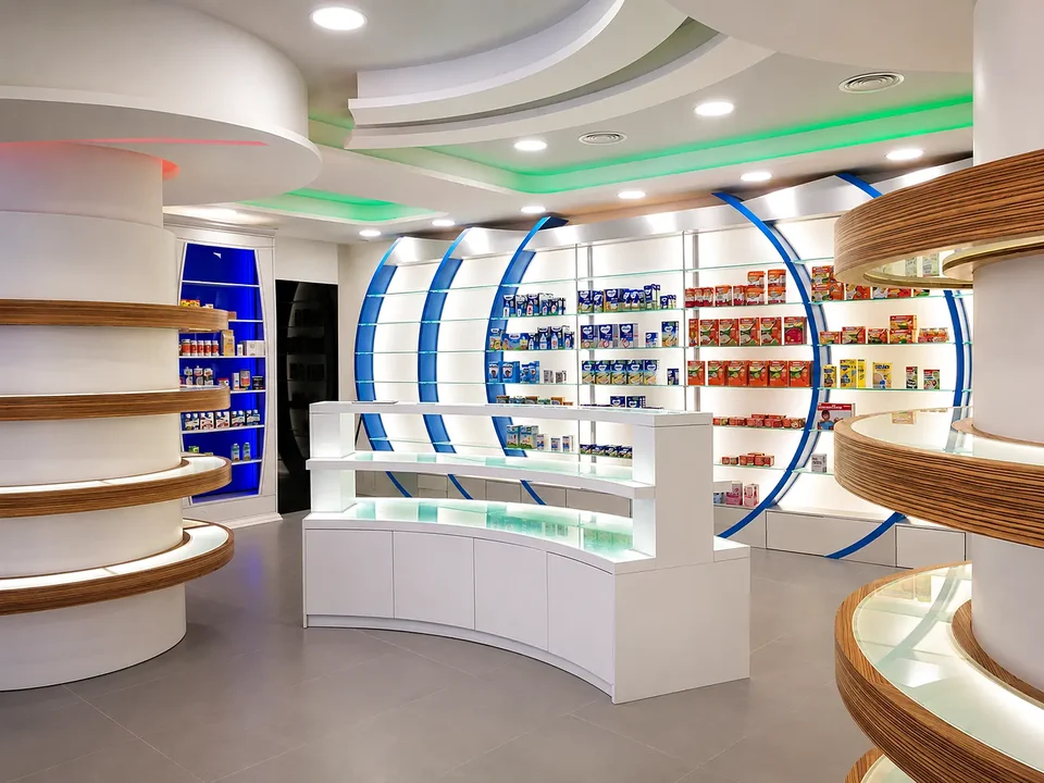 Curved display wall with blue frames and illuminated shelves