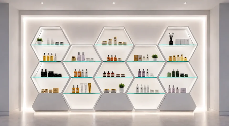 Geometric cosmetics display wall