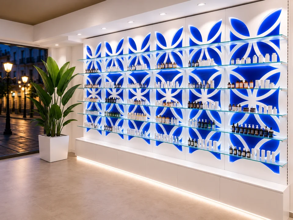 Blue floral decorative wall, side view