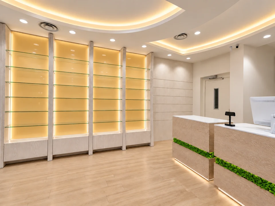 Yellow backlit wall and counter with green insert
