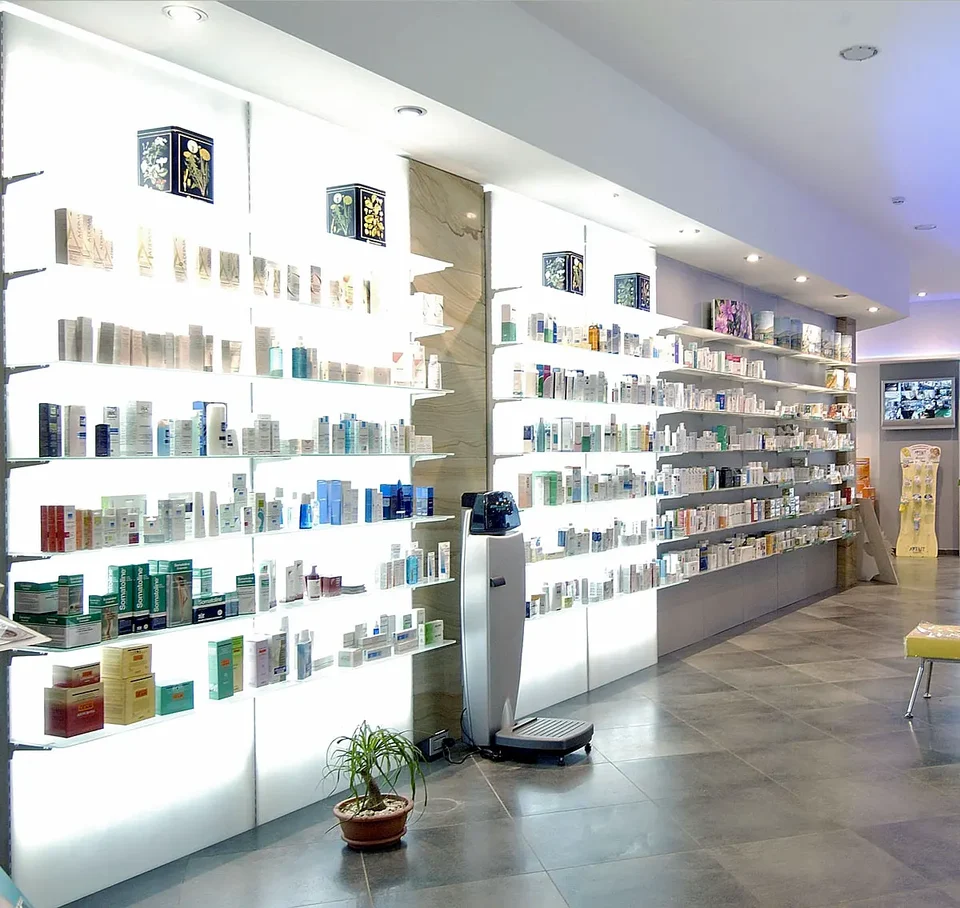 Illuminated cosmetics wall with white shelving