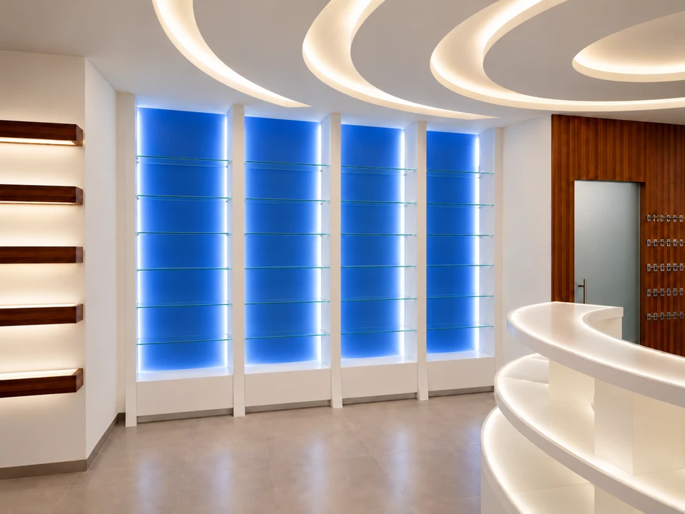 Pale-blue walls and curved counter beneath an organic ceiling