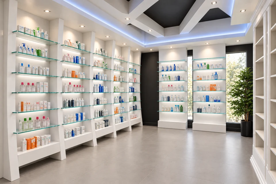 White and pale-blue display walls with diffused lighting