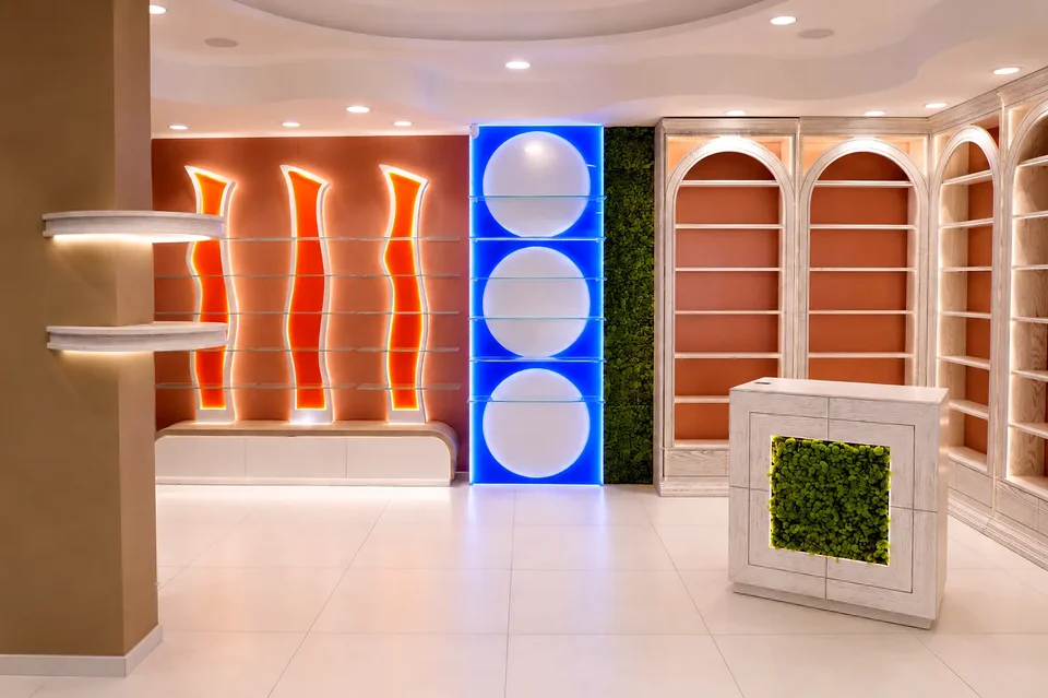 Display walls with red, blue and pink niches