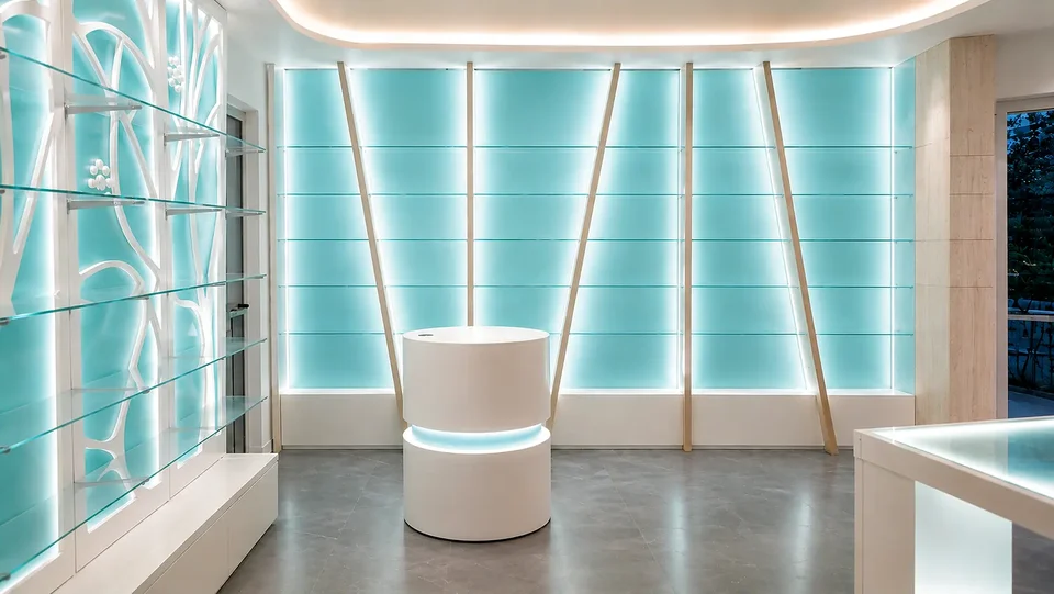 Turquoise backlit walls and central counter