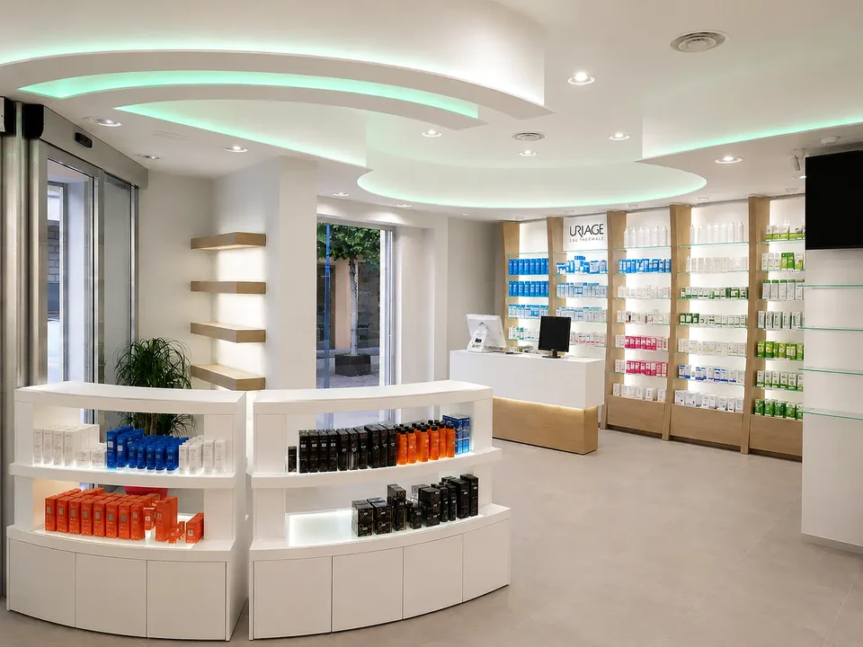 Curved route between the central counter and display walls