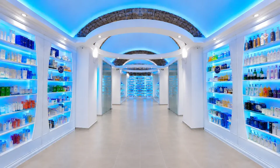 Display route at Farmacia Centrale di Pozzuoli with stone vaults and blue lighting