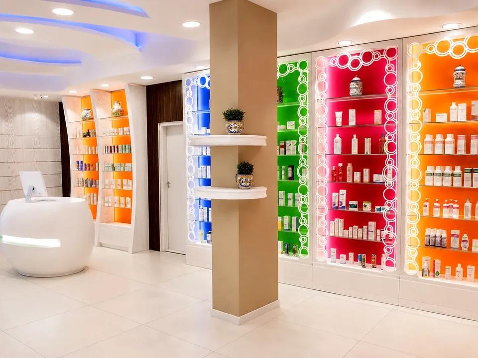 Interior route with orange, green and pink shelving