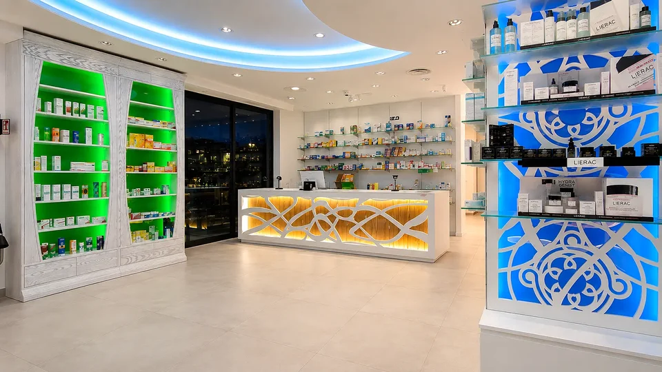 Retail route with green walls and decorated counter