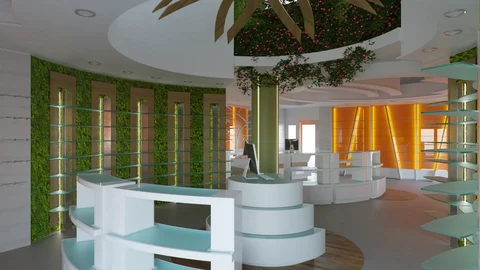 Rendu de l’espace de vente avec mur végétal et mobilier courbe