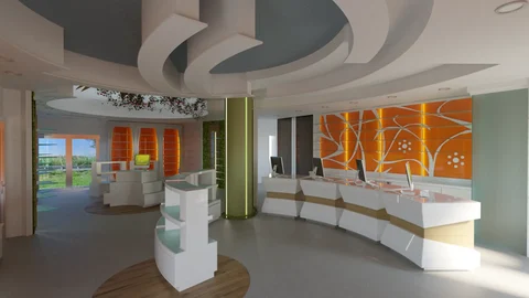 Rendu du comptoir central devant les rayonnages orange