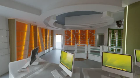 Rendu du comptoir opérationnel avec parois orange et plafond courbe