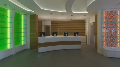 Rendu du comptoir de pharmacie entre rayonnages verts et panneau orange