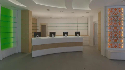 Rendu du comptoir linéaire avec niches vertes et panneau décoratif