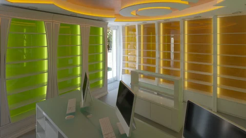 Rendu de l’espace de vente avec rayonnages verts et jaunes