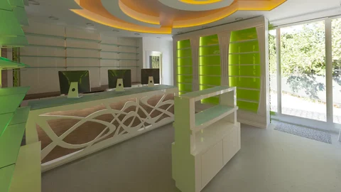 Rendu de pharmacie avec comptoir en bois, parois organiques éclairées et végétation intégrée