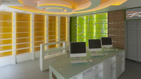 Rendu du comptoir opérationnel avec parois d’exposition colorées