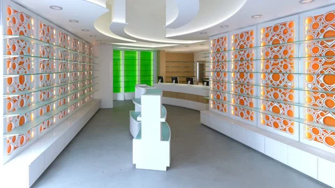 Rendu d’une pharmacie blanche avec panneaux orange rétroéclairés