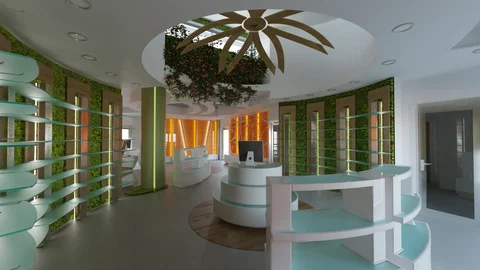Rendu de la pharmacie avec îlots blancs et élément vert central