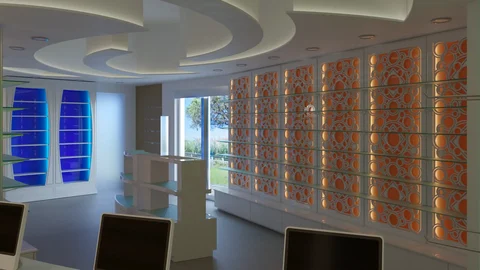 Rendu de la paroi d’exposition orange avec niches bleues