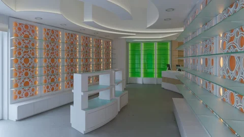 Rendu du parcours entre parois d’exposition orange ajourées