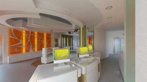 Rendu des postes opérationnels avec paroi décorative orange