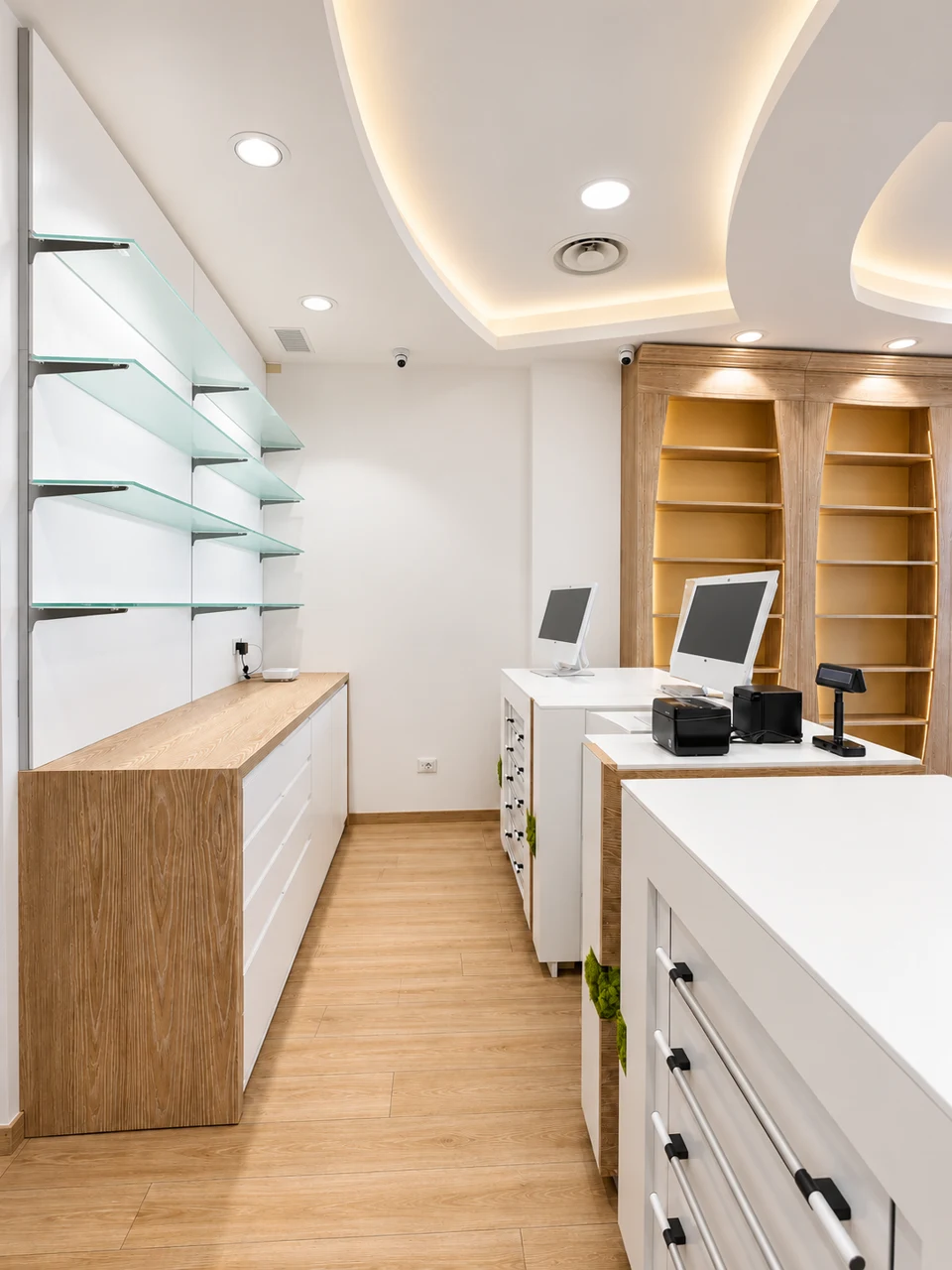 Rear counter with operational storage, longitudinal view