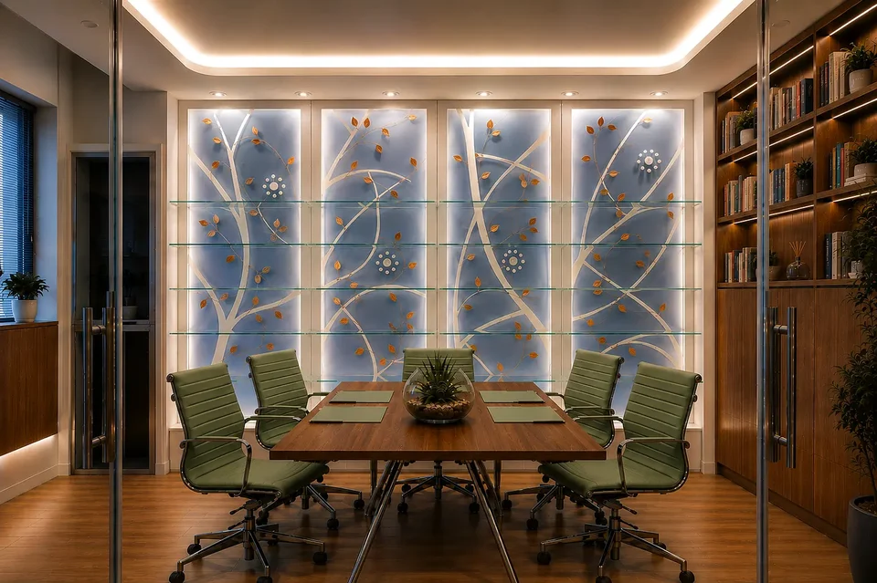 Meeting room with a backlit feature wall and bookcase