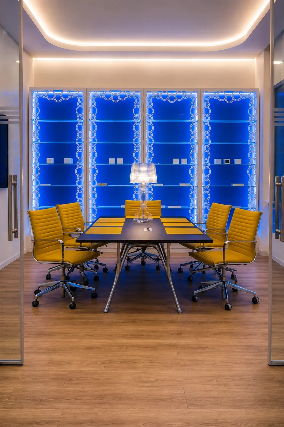 Meeting room with yellow chairs, front view